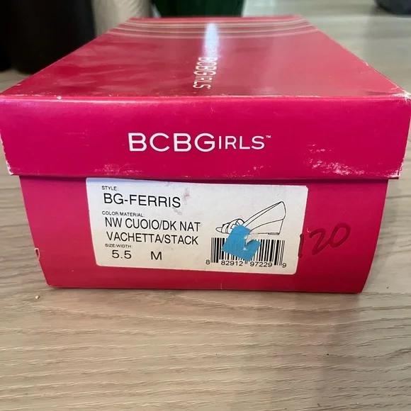 BCBGirls Ferris Tan Vaccheta Wedge Peep toe Heels size 5.5 - Picture 9 of 9
